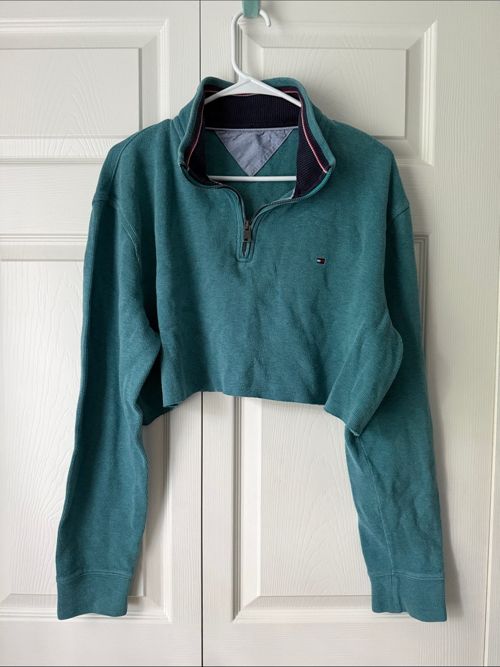 Tommy Hilfiger Teal Cropped Quarter-Zip Sweatshirt